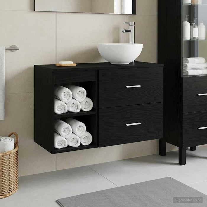 Set de mobilier pentru baie 2 pcs Stejar Negru Lemn prelucrat WALTI