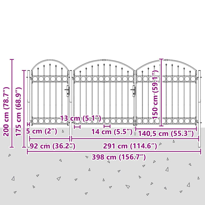 Poartă pentru Gard cu Vârf Arcuit Gri 400 x 100 cm Oțel - WALTI WALTI