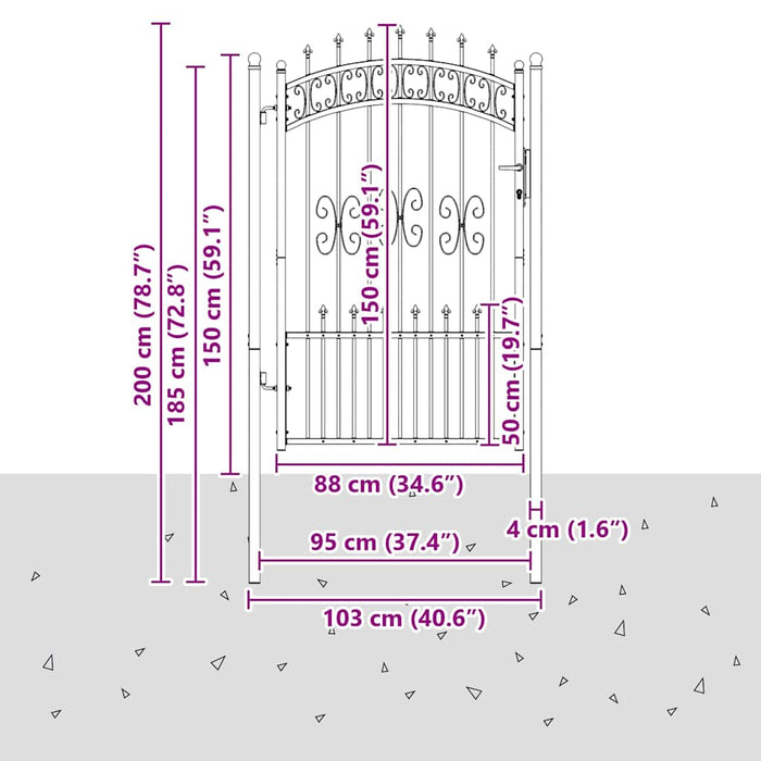 Poartă din Gard cu Vârf de Lancă Gri 103 x 200 cm Oțel - WALTI WALTI