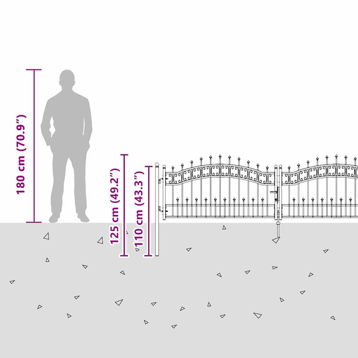 Poartă din Gard cu Vârf de Lancă Gri 305 x 75 cm Oțel - WALTI WALTI