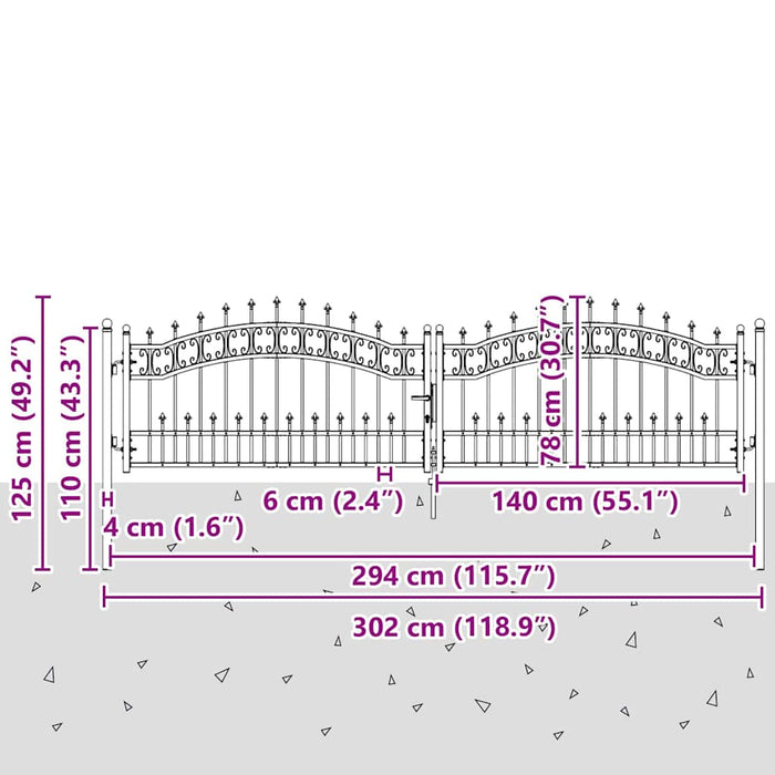 Poartă din Gard cu Vârf de Lancă Gri 305 x 75 cm Oțel - WALTI WALTI