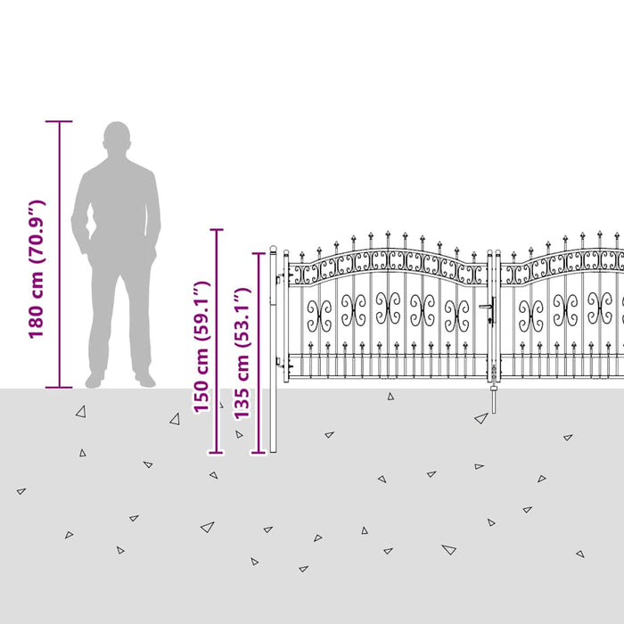 Poartă din Gard cu Vârf de Lancă Gri 305 x 100 cm Oțel - WALTI WALTI
