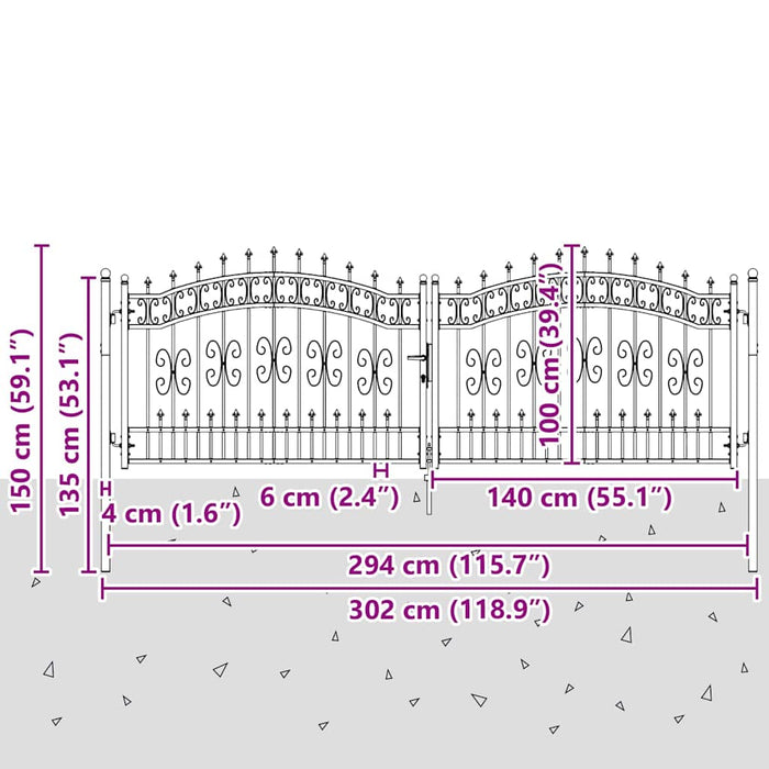 Poartă din Gard cu Vârf de Lancă Gri 305 x 100 cm Oțel - WALTI WALTI