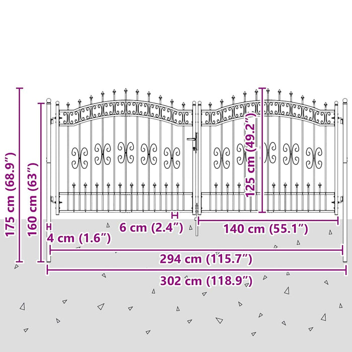 Poartă din Gard cu Vârf de Lancă Gri 305 x 125 cm Oțel - WALTI WALTI