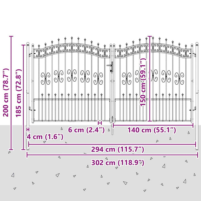 Poartă din Gard cu Vârf de Lancă Gri 305 x 150 cm Oțel - WALTI WALTI