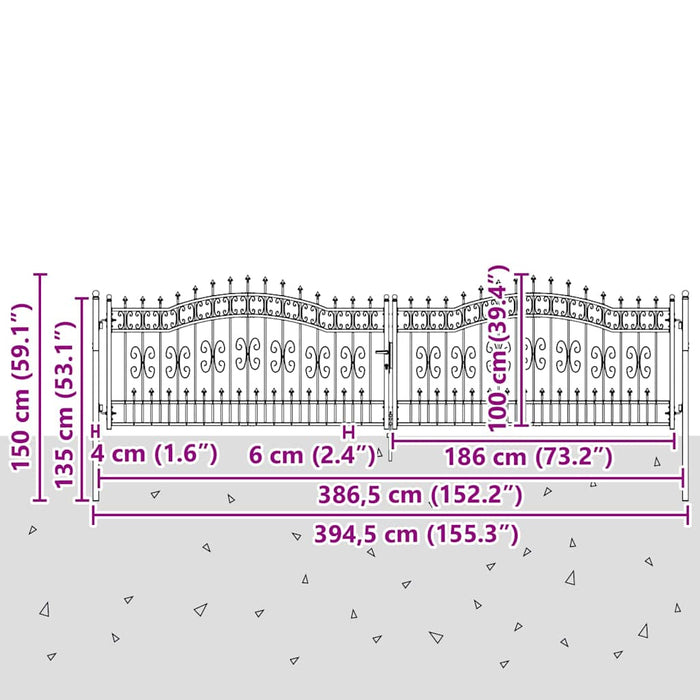 Poartă din Gard cu Vârf de Lancă Gri 404 x 100 cm Oțel - WALTI WALTI