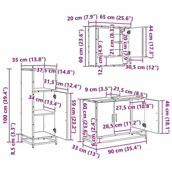 Set de mobilier pentru baie 3 pcs Stejar Negru Lemn compozit - WALTI WALTI