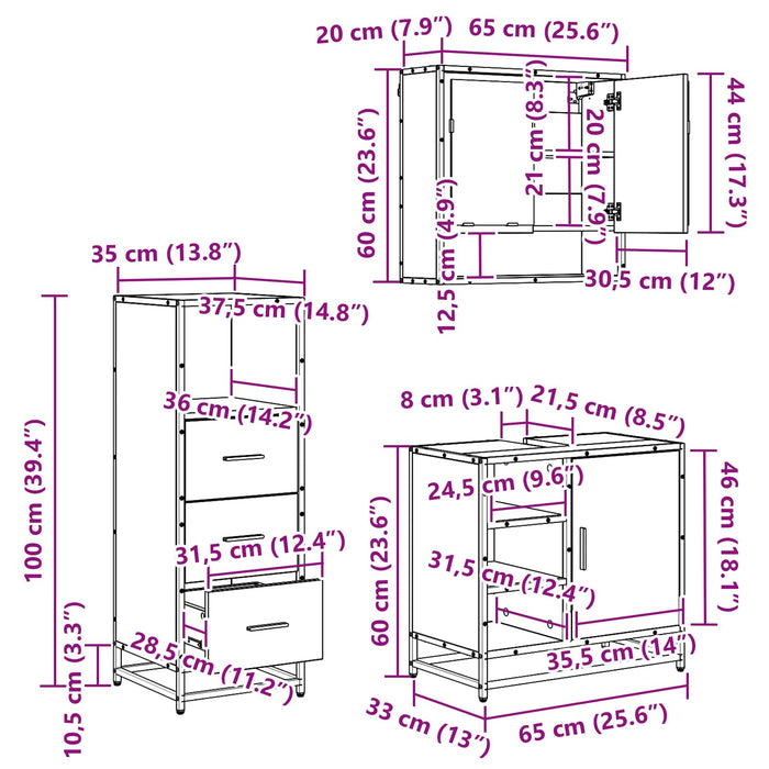 Set de mobilier pentru baie cu sertar 3 pcs Stejar Artizanal WALTI