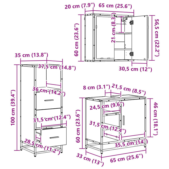 Set de mobilier pentru baie cu sertar 3 pcs Stejar Artizanal WALTI