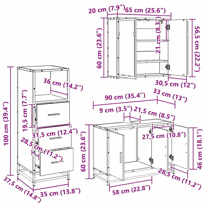Set de mobilier pentru baie 3 pcs Lemn Vechi Lemn compozit - WALTI WALTI