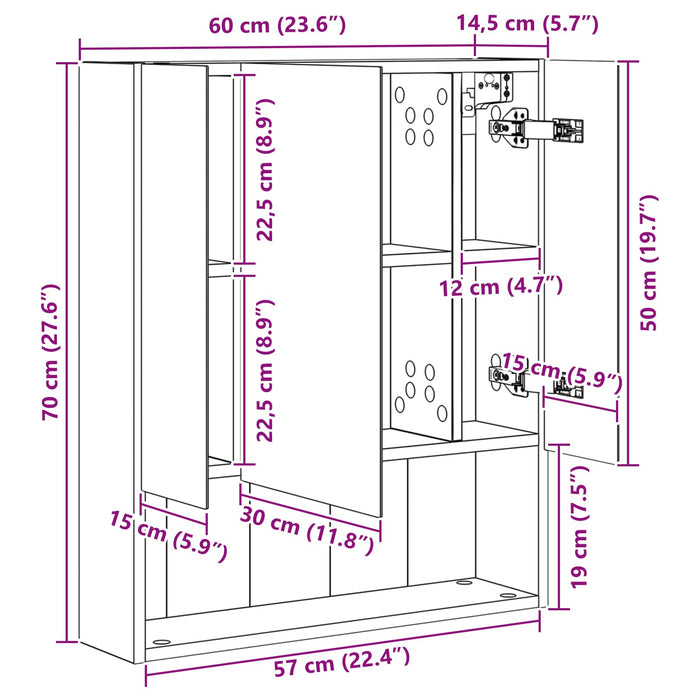 Dulap cu oglindă pentru baie Gri din beton 60 x 14.5 x 70 cm - WALTI WALTI