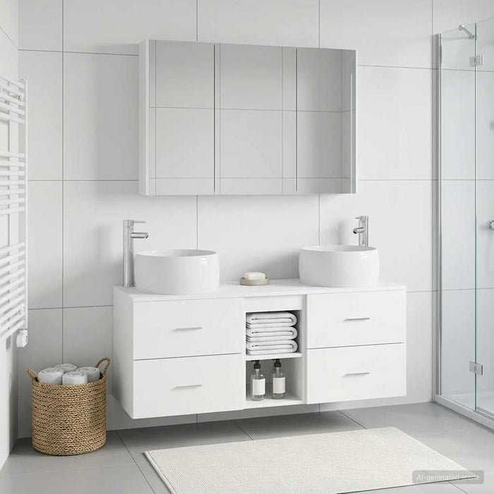 Set de mobilier pentru baie 4 pcs Alb Lemn prelucrat și sticlă WALTI