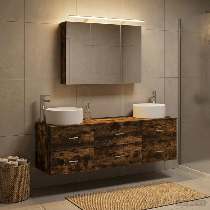 Set de mobilier pentru baie 4 buc. Stejar fumuriu WALTI