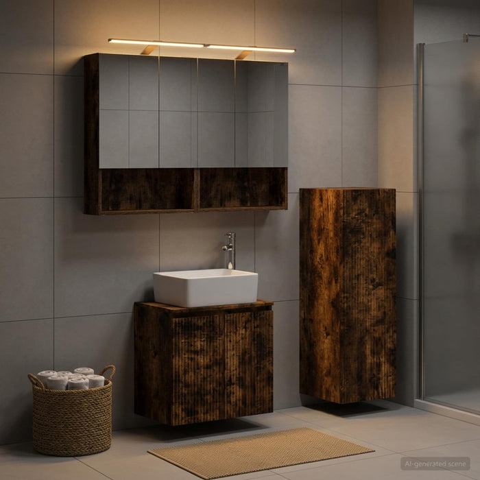 Set de mobilier pentru baie 4 buc. Stejar fumuriu WALTI