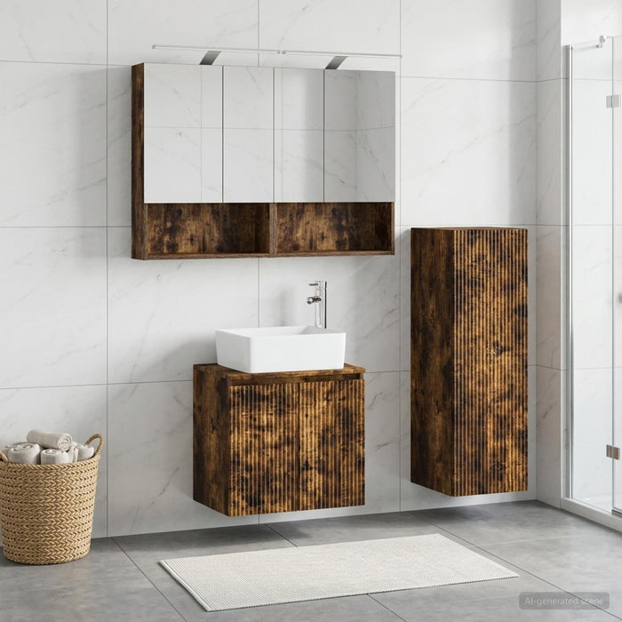 Set de mobilier pentru baie 4 buc. Stejar fumuriu WALTI