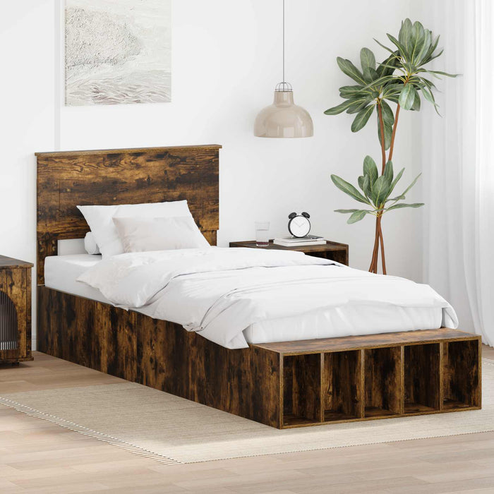 Cadru de pat cu raft Stejar fumuriu 90 x 190 cm Lemn compozit - WALTI WALTI