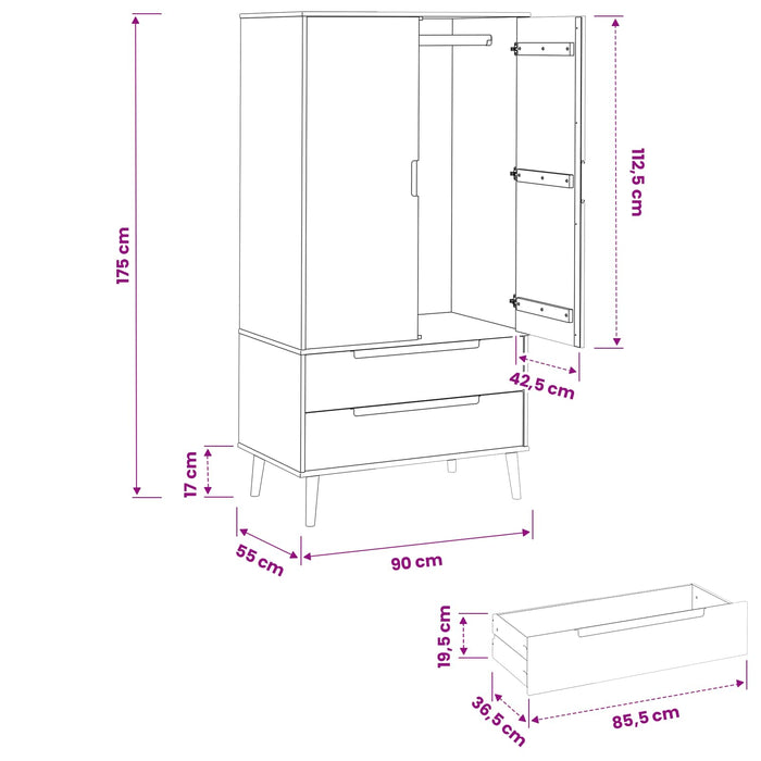Dulap MOLDE Negru 90 x 55 x 175 cm Lemn masiv de pin WALTI