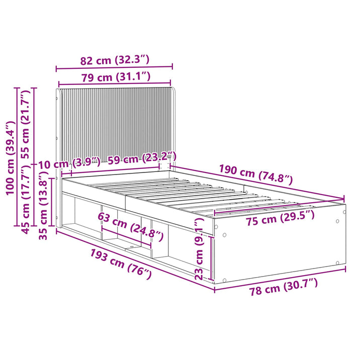 Cadru de pat cu depozitare și tăblie Sonoma gri 75 x 190 cm - WALTI WALTI
