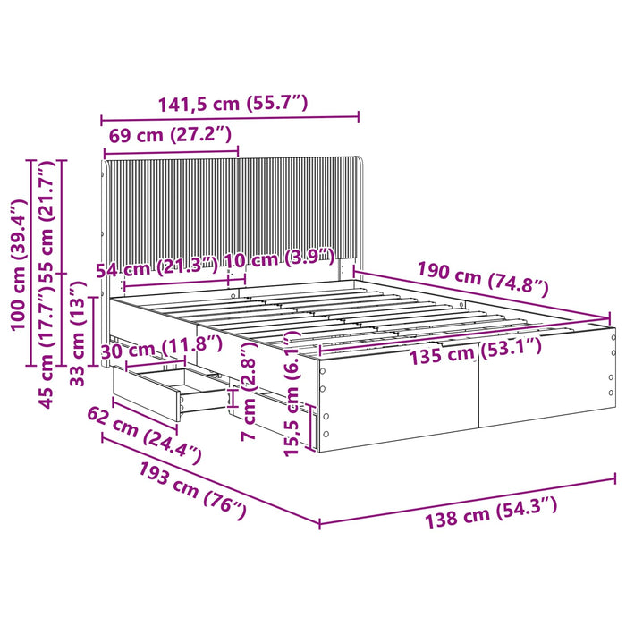 Cadru de pat cu depozitare și tăblie Gri Beton 135 x 190 cm WALTI