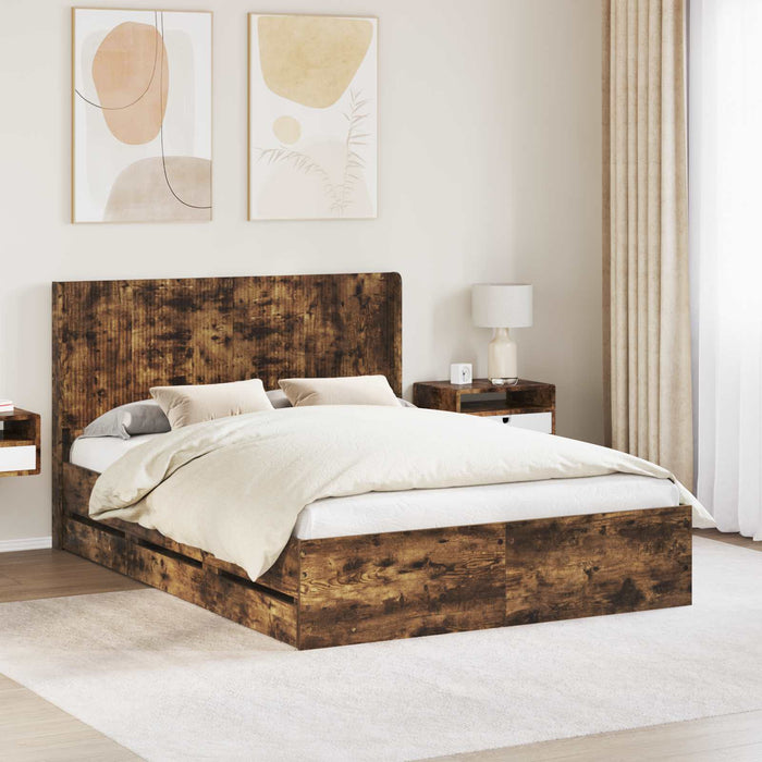 Cadru de pat cu depozitare și tăblie cu sertar Stejar fumuriu WALTI