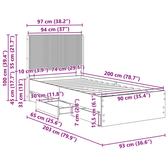 Cadru de pat cu depozitare și tăblie Sonoma gri 90 x 200 cm WALTI