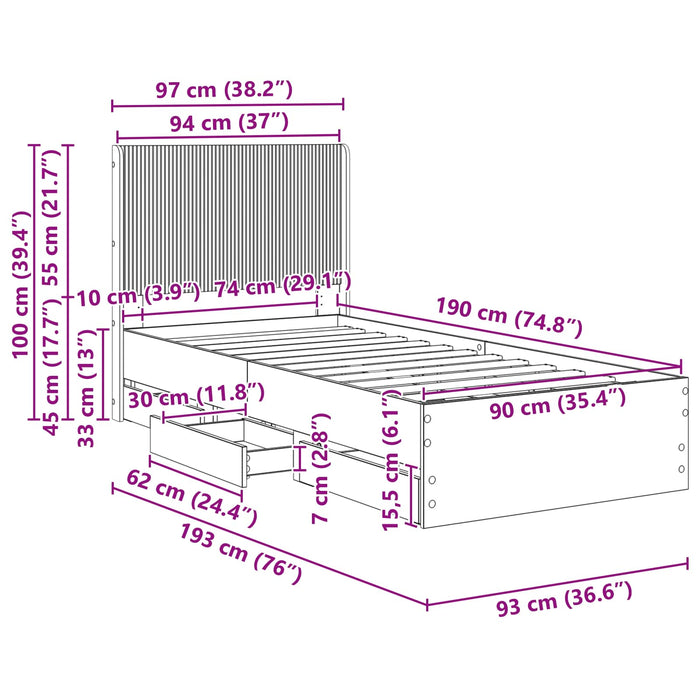 Cadru de pat cu depozitare și tăblie Gri Beton 90 x 190 cm WALTI