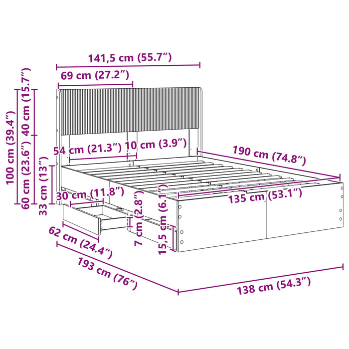 Cadru de pat cu depozitare și tăblie Gri Beton 135 x 190 cm WALTI