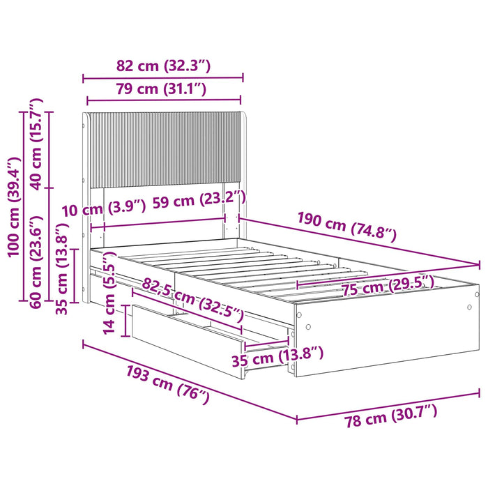 Cadru de pat cu depozitare și tăblie Gri Beton 75 x 190 cm - WALTI WALTI