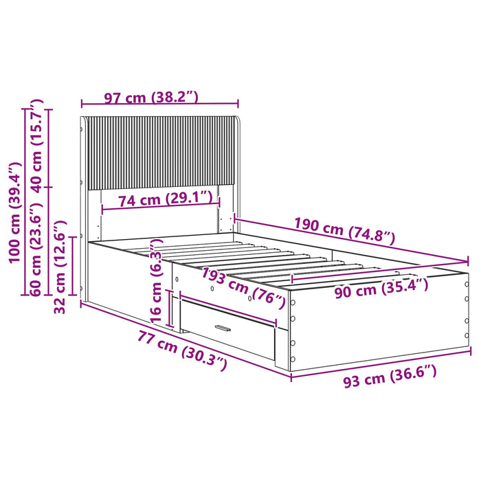 Cadru de pat cu depozitare și tăblie Alb 90 x 190 cm WALTI