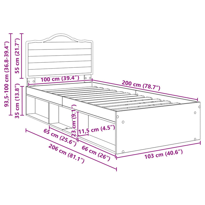 Cadru de pat Gri Concret 100 x 200 cm Lemn de pin masiv - WALTI WALTI