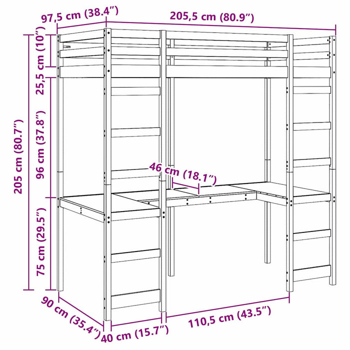 Cadru de pat tip loft natural 90 x 200 cm Lemn de pin masiv WALTI