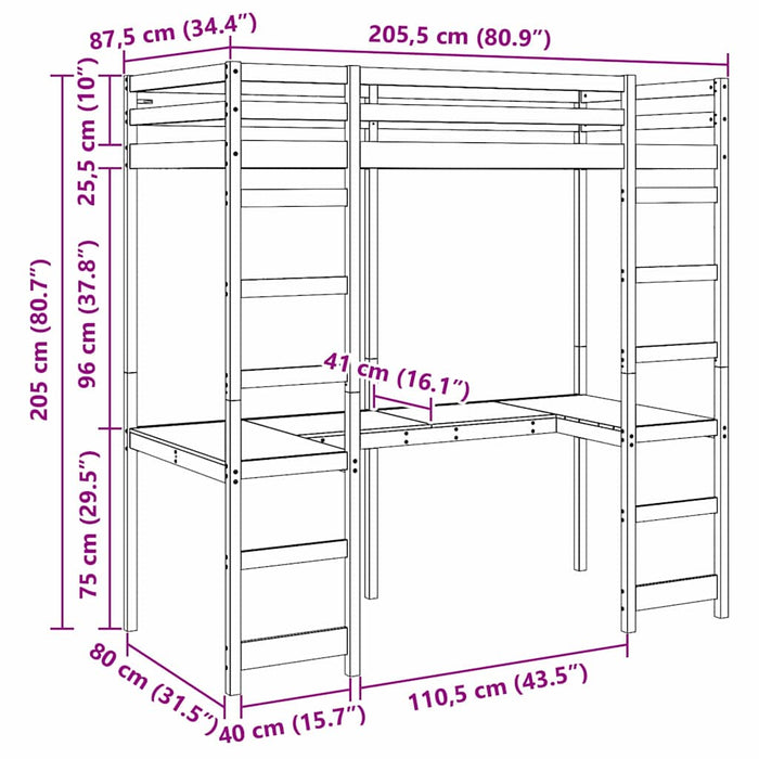 Cadru de pat tip loft natural 80 x 200 cm Lemn de pin masiv WALTI
