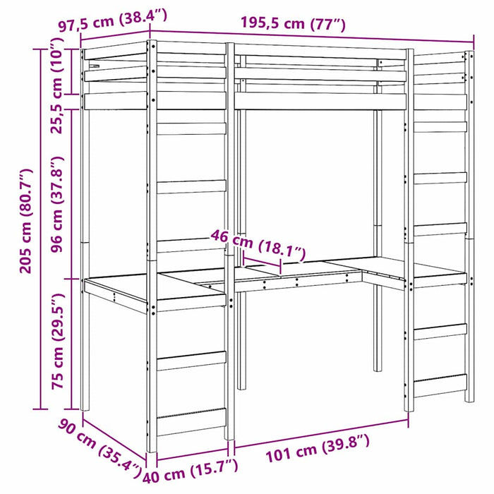 Cadru de pat tip loft natural 90 x 190 cm Lemn de pin masiv WALTI
