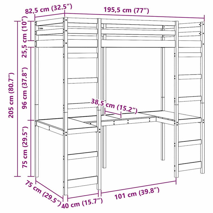 Cadru de pat tip loft Alb 75 x 190 cm Lemn de pin masiv WALTI
