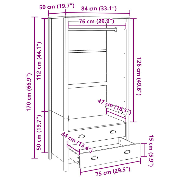 Dulap HILL Maro miere 84 x 50 x 170 cm Lemn masiv de pin - WALTI WALTI
