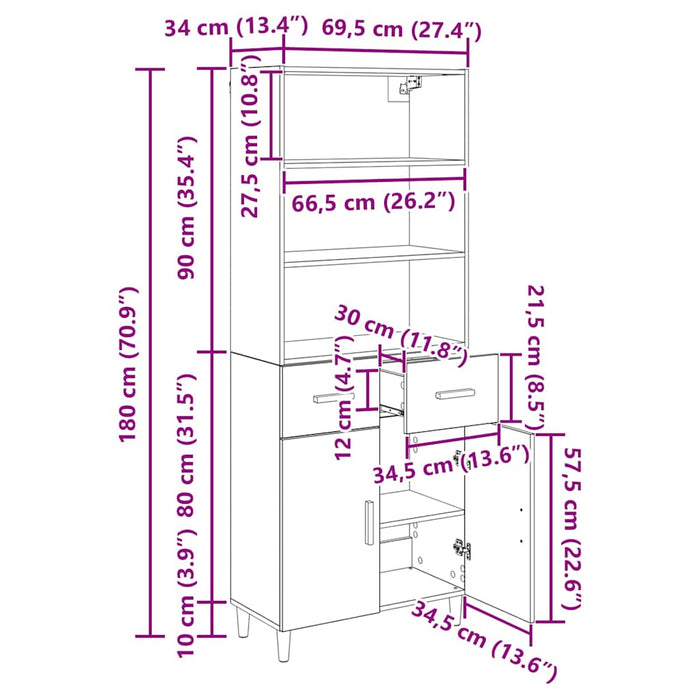 Bufet Stejar Artizanal 69,5 x 32,5 x 180 cm Lemn compozit - WALTI WALTI