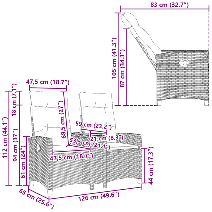 Bancă reclinabilă cu masă Bej și alb crem 126 x 65 x 112 cm - WALTI WALTI