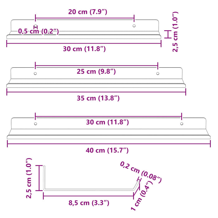 Raft de perete cu raft Pe perete 3 pcs Alb 40 x 9 x 2,5 cm - WALTI WALTI