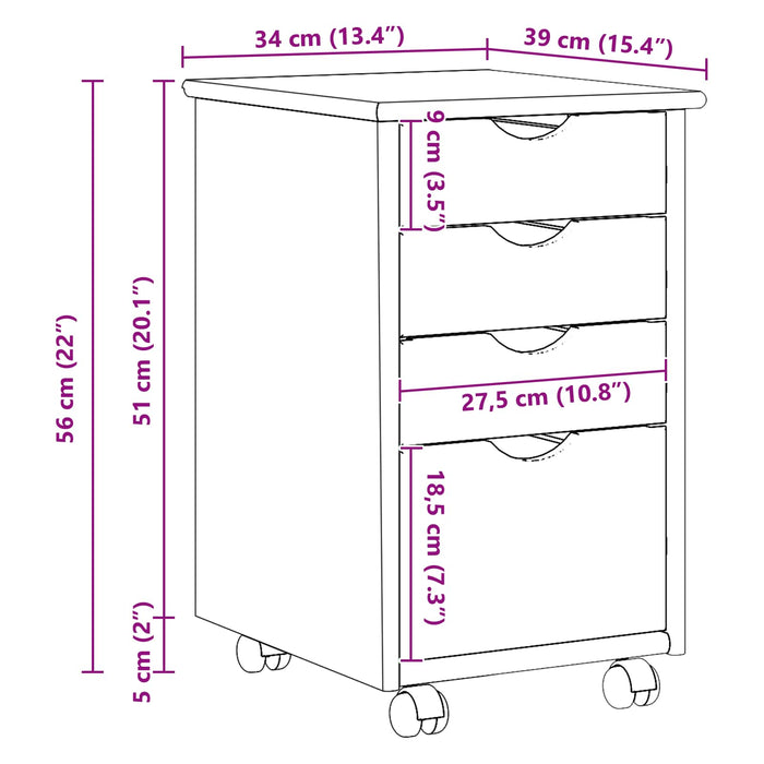 Cabinet mobil cu roata Alb 34 x 39 x 56 cm Lemn de pin masiv - WALTI WALTI