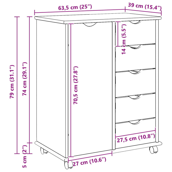 Cabinet mobil cu roata Alb 63,5 x 39 x 79 cm Lemn de pin masiv - WALTI WALTI