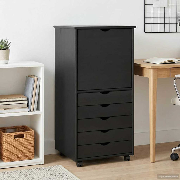Cabinet mobil cu roata Negru 53 x 39 x 103 cm Lemn de pin masiv - WALTI WALTI