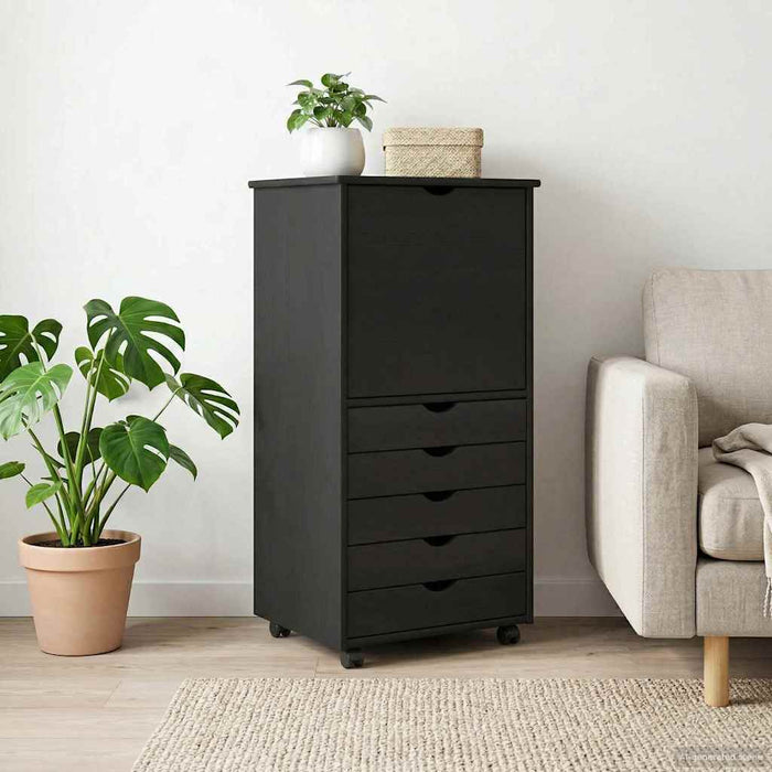 Cabinet mobil cu roata Negru 53 x 39 x 103 cm Lemn de pin masiv - WALTI WALTI