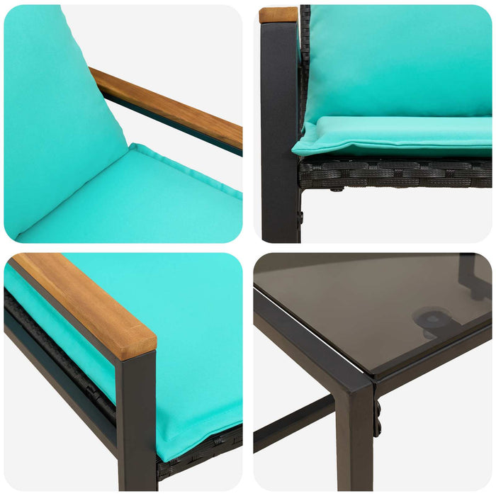 Seturi de mobilier cu pernă 3 pcs Negru și Turcoaz Ratan - WALTI WALTI