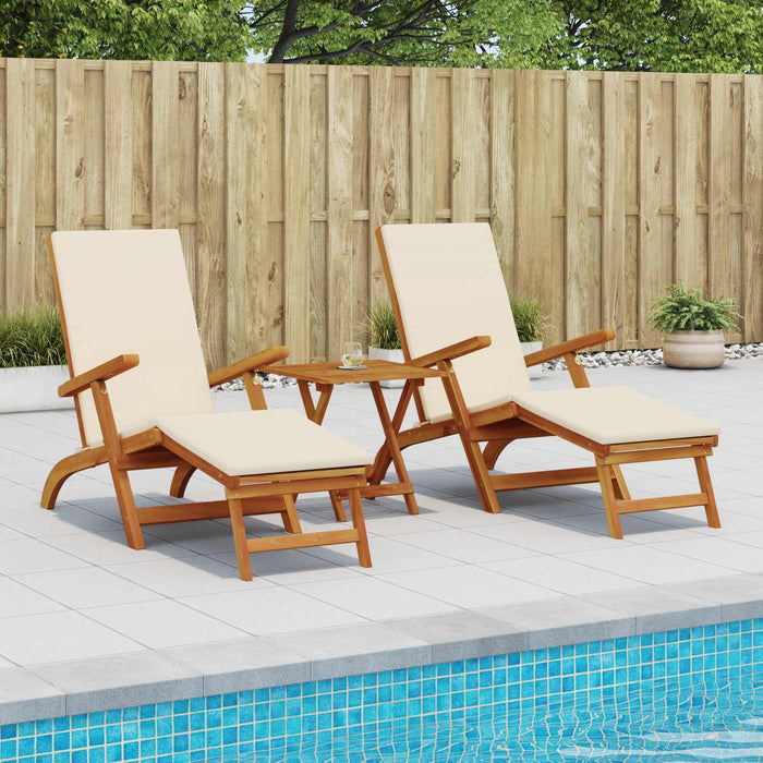 Șezlong pliabil și culisant 3 pcs Alb crem Lemn Solid de Acacia WALTI