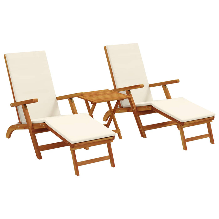 Șezlong pliabil și culisant 3 pcs Alb crem Lemn Solid de Acacia WALTI