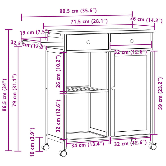 Cărucior de bucătărie cu roți natural 90,5 x 36 x 86,5 cm - WALTI WALTI