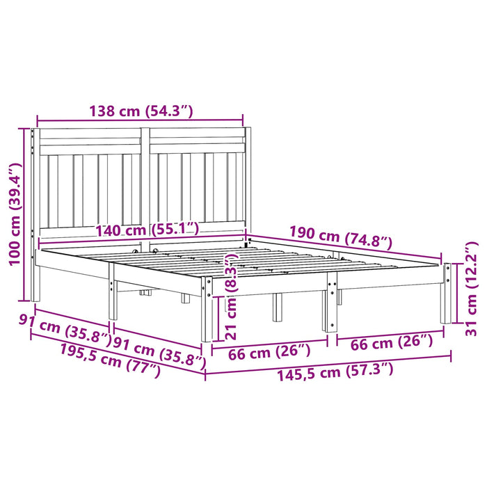 Cadru de pat Maroniu cerat 140 x 190 cm Lemn de pin masiv - WALTI WALTI