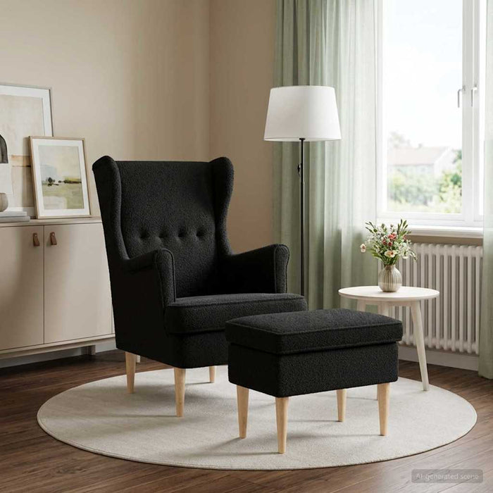 Fotoliu cu taburet 2 buc. Negru Bouclé WALTI