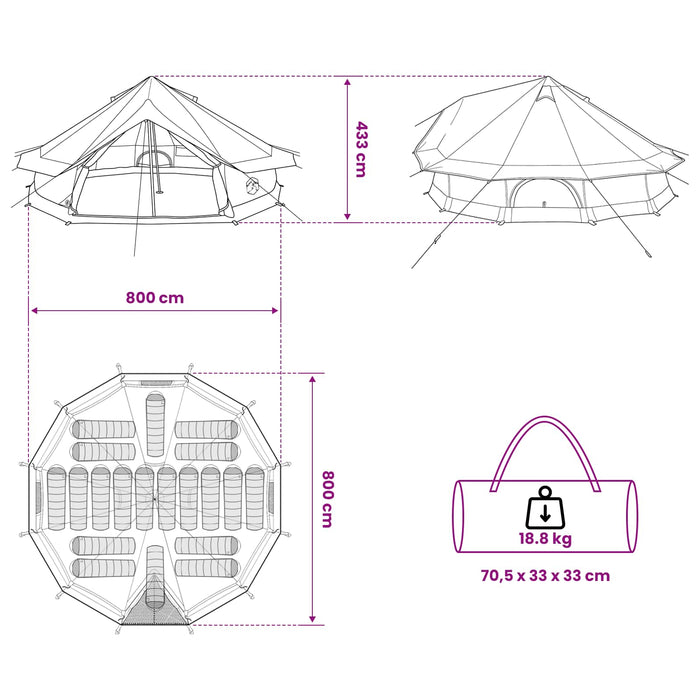 Cort Tipi Verde Army 800 x 800 x 430 cm Poliester și oțel WALTI