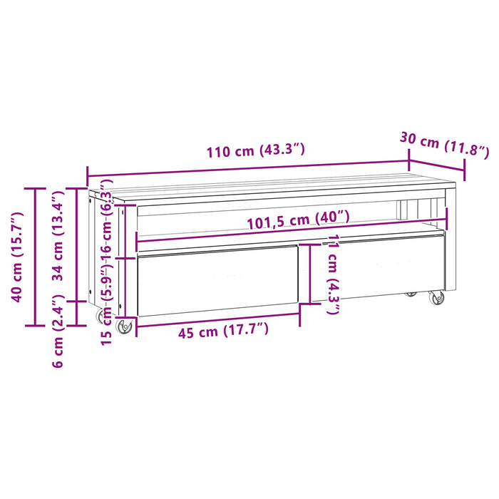 Cabinet TV 110 x 30 x 40 cm natural Lemn solid de tec WALTI